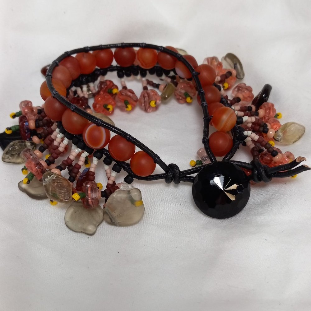 Woven Bracelet, Pink/Brown Agate with Fringe, Flowers, Antique Mourning Button